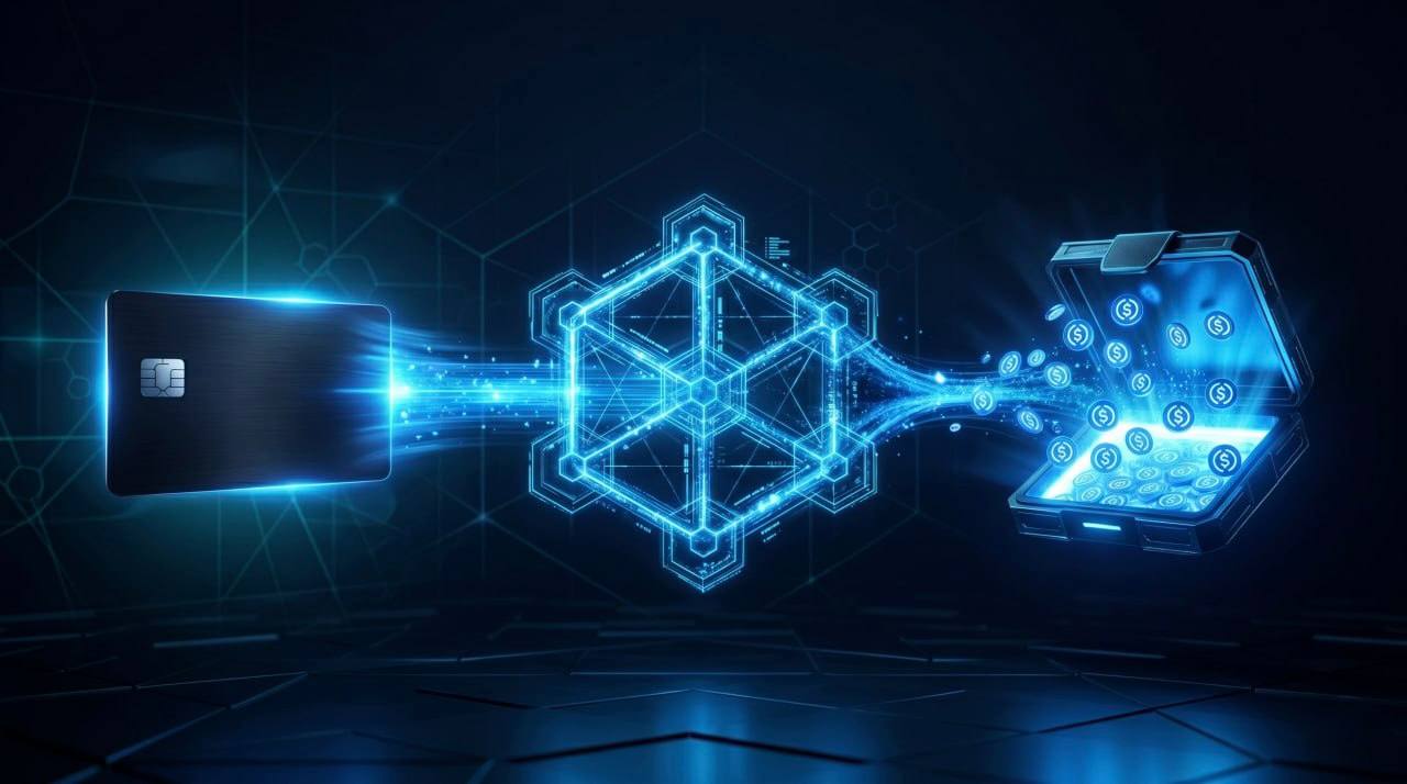 Stablecoin payment gateway flow: card to USDC settlement on Polygon blockchain
